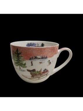 Harvest Green Studio Bone China Hug Mug Christmas Winter Dog on Sled
